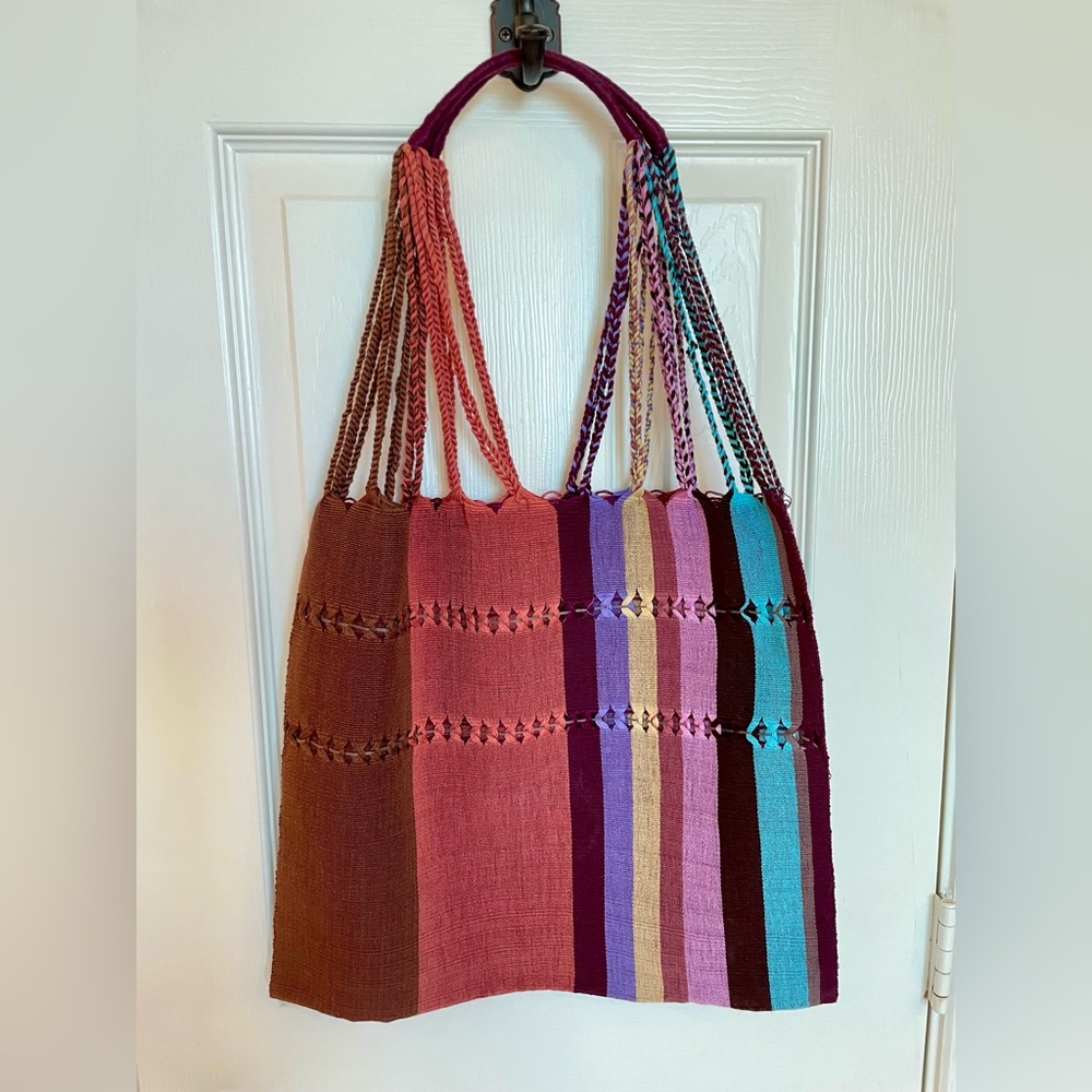 ARTISAN : Handwoven Mexican Tote Bag Boho Colorblock Market Beach Bag NWOT - Picture 5 of 9